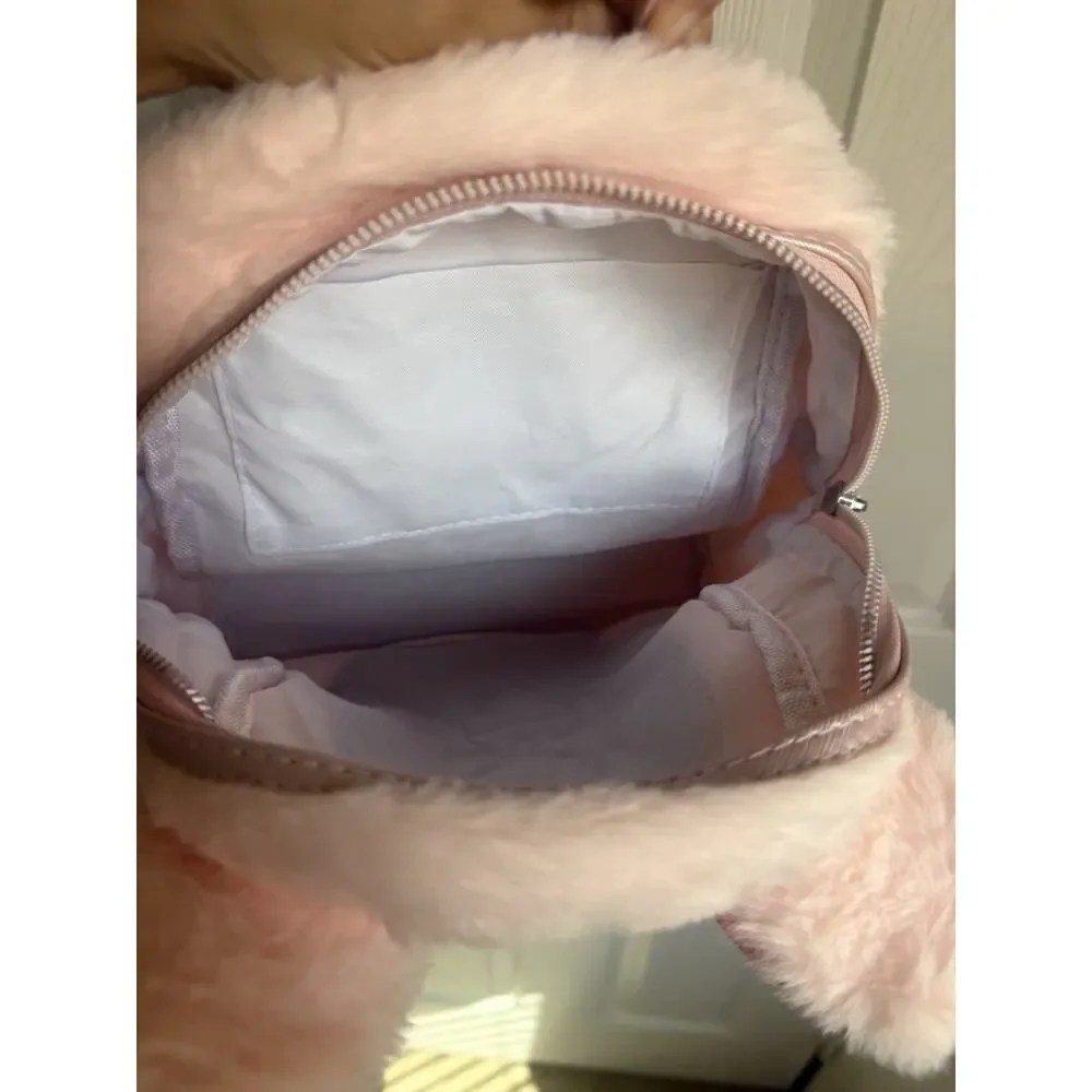 Disney Stitch Pink Faux Fur Small Mini Backpack, Zip Closure, Adjustable Strap